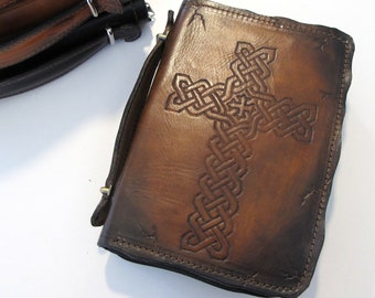 Leather Bible Cover, Case for Bible with zipper and top handle, Personalized with initials, available in 5 designs,