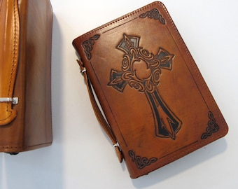 Leather Bible Cover, Case for Bible with zipper and top handle, Personalized with initials, available in 6 designs,