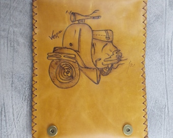 Tobacco pouch handmade of leather with the pyrography of vespa motorbike