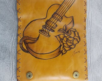 Leather tobacco pouch with pyrography of a guitar, Music theme, Gift for musicians and guitarists