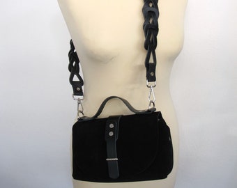 Leather Bag, Black Leather Shoulder Bag, Small Cross-Body Bag with woven strap