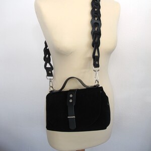 Leather Bag, Black Leather Shoulder Bag, Small Cross-Body Bag with woven strap