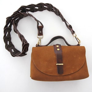 Brown Leather Bag, Leather Shoulder Bag, Small Cross-Body Bag with woven strap
