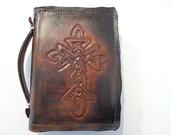 Bible Cover, Leather Case for Bible with zipper and top handle, Personalized with initials, available in 5 designs,