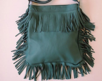 Fringed Leather Bag, Green Crossbody bohemian bag, Boho bag, available in 16 Colors