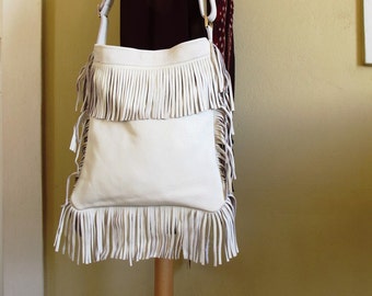 Fringed Leather Bag, White Crossbody bohemian bag, Boho bag, available in 16 Colors