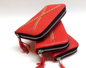 Red Women leather wallet with tassel Cross Stitched handmade wallet. Custom Color.