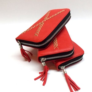 Red Women leather wallet with tassel Cross Stitched handmade wallet. Custom Color.