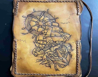 Leather Tobacco Pouch with Pyrography - Maps