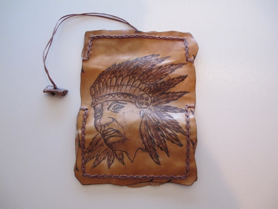 indian tobacco pouch Handmade Exclusive Leather Tobacco Pouch With Pyrography of an American  Indian Man
