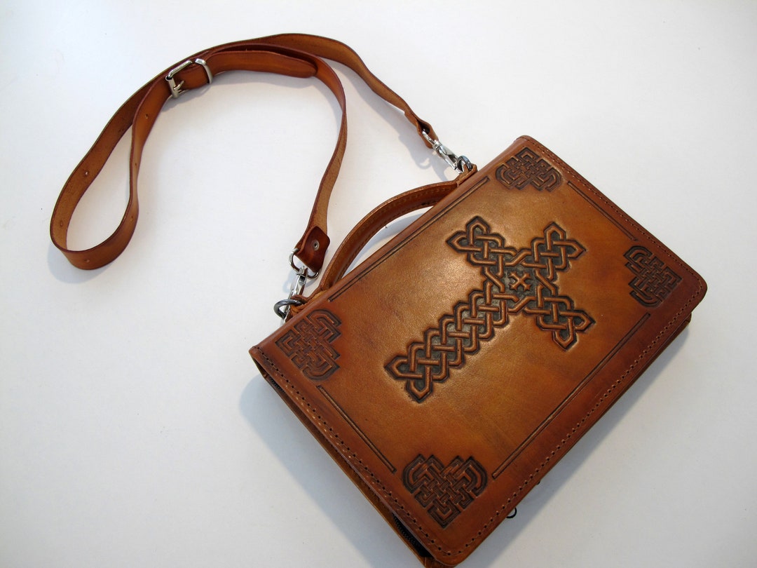 Leather Bible Cover With Zipper, Top Handle and Detachable