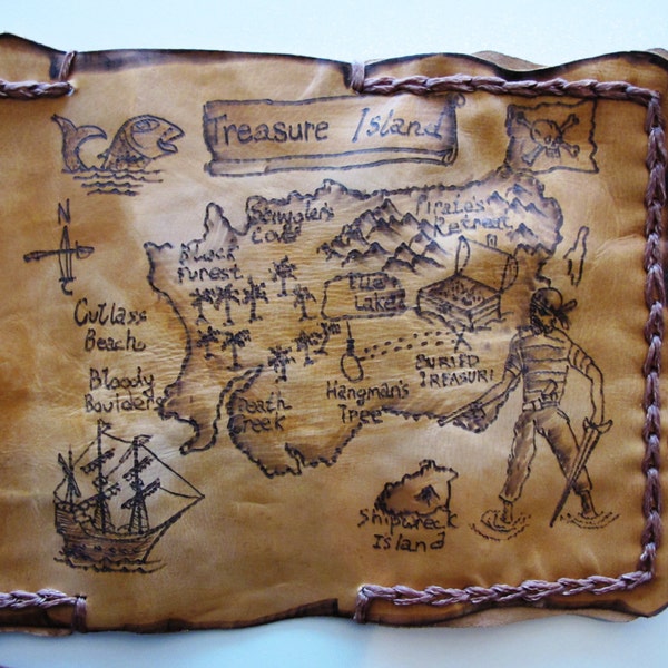 Pochette de tabac en cuir exclusive faite à la main avec pyrographie d’une carte de pirate.