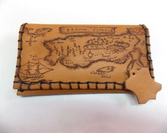 Handmade exclusive leather tobacco pouch. Treasury island pyrography print