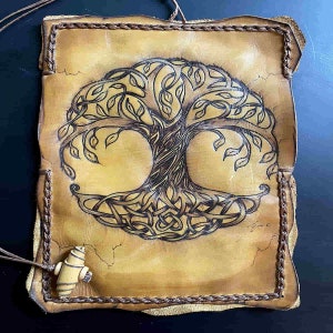Leather Tobacco Pouch with Pyrography - Tree of Life