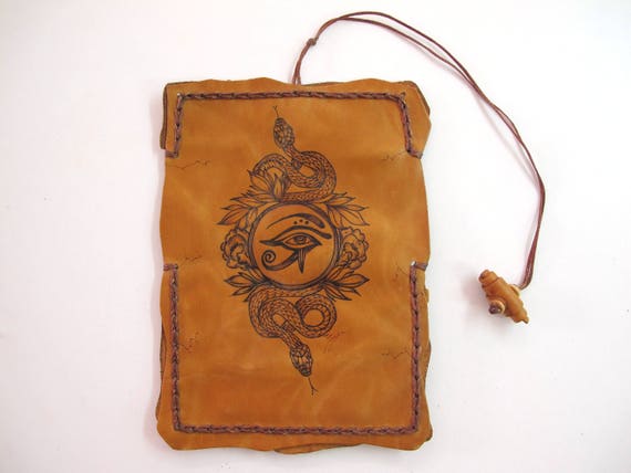 Tobacco pouch, Handmade pouch with pyrography decoration. The Eye of Horus