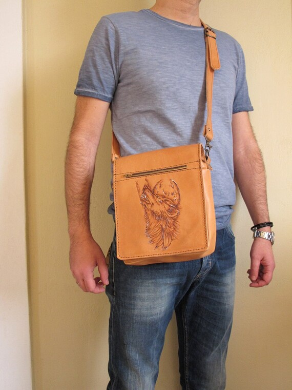 Mens tan top leather bag