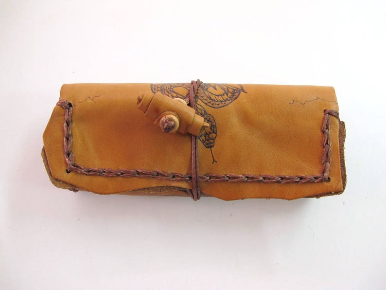 Handmade pouch with pyrography decoration Tobacco pouch The Eye of Horus