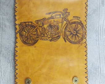 Leather tobacco pouch with the pyrography of harley motorbike