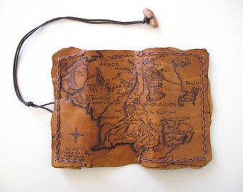 Handmade exclusive leather tobacco pouch with pyrography . Map of the Middle Earth.