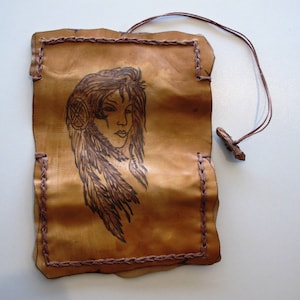 Handmade exclusive leather tobacco pouch with pyrography of an American Indian woman