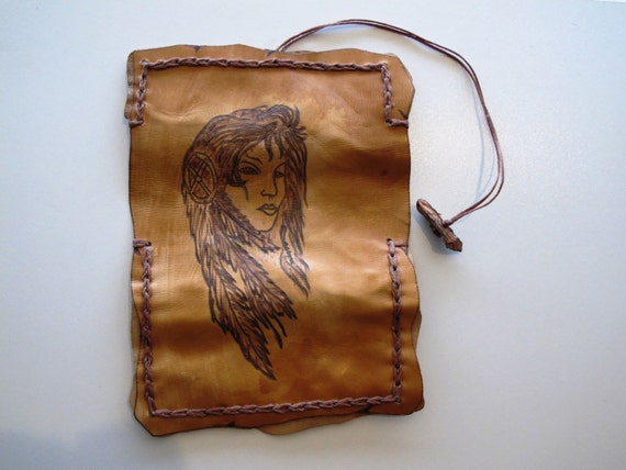 Handmade Exclusive Leather Tobacco Pouch With Pyrography of an American  Indian Woman