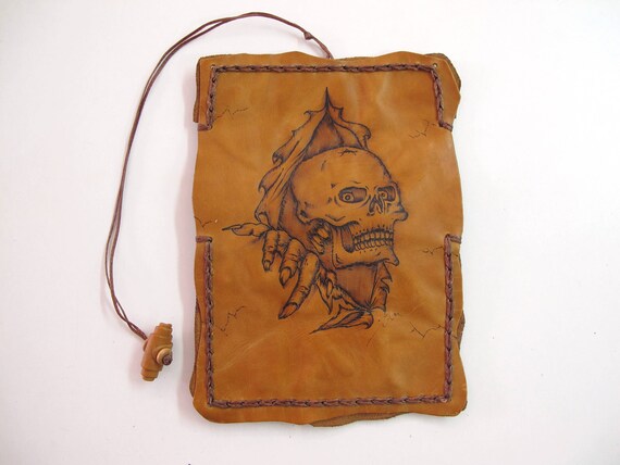 Tobacco Pouch, Handmade Pouch With Pyrography Decoration. Theskull