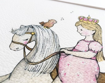 Rocking Horse, UNFRAMED Princess Print, Children's Picture, Pink Princess Art, Perfect Baby Gift, Little Girl's, Room Decor