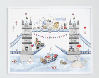 Big kids print, UNFRAMED large childrens art, baby nursery picture, animal, london, tower bridge, illustration, for kids bedroom, british