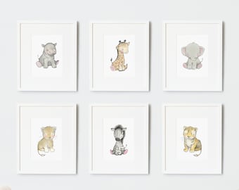SET von 6 Drucken, UNGERAHMT Safari Baby Drucke, Afrika Tiere, Giraffe, Elefant, Zebra und Löwe, Gender Neutral, Unisex Kunstdruck