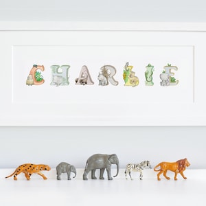 FRAMED Name Art, Personalised Print, Bright Jungle Animal, Safari Unisex Nursery, Kid's Wall Art - MAXIMUM 11 Letters - read description.