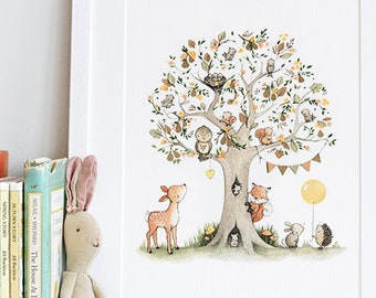 The Pear Tree, UNFRAMED Nursery Print, Kid's Woodland Art, Forest animal, Woodland theme, Unisex Nursery, Picture, Painting, Wall Art Print