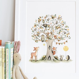 Birnbaum, UNGERAHMT Kinderzimmer Druck, Waldtier, Waldtier, Waldtier-Motiv, Unisex-Kinderzimmer, Bild, Malerei, Wandkunst Druck