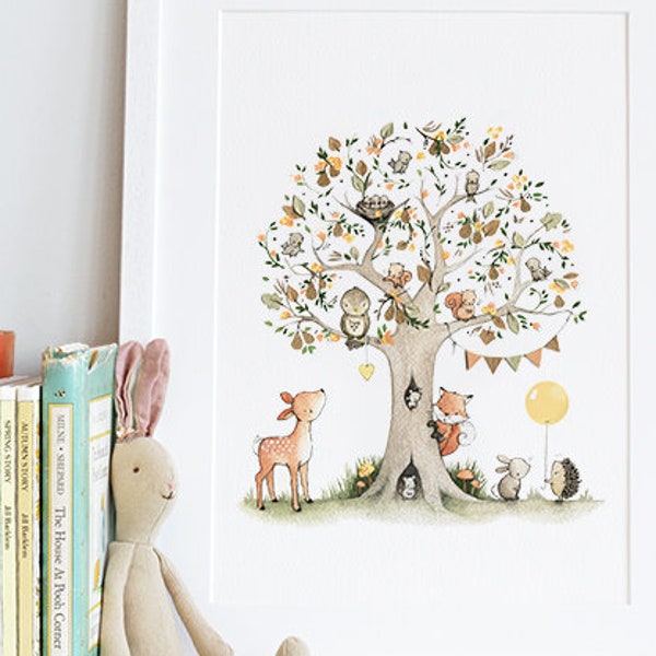 The Pear Tree, UNFRAMED Nursery Print, Kid's Woodland Art, Forest animal, Woodland theme, Unisex Nursery, Picture, Painting, Wall Art Print