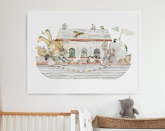 Big kids print, UNFRAMED large childrens art, baby nursery picture, noah's ark, ark, boat, animal, balloon illustration, for kid's bedroom