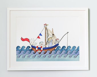 Boat at Sea, UNFRAMED Nursery Art Print, Personalised Kid's Picture, Children's Nautical room Decor, Ocean Illustration, Watercolour Print.