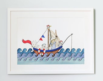 Bateau en mer, impression d'art pour chambre d'enfant sans cadre, photo d'enfant personnalisée, décoration de chambre nautique pour enfants, illustration d'océan, impression aquarelle.