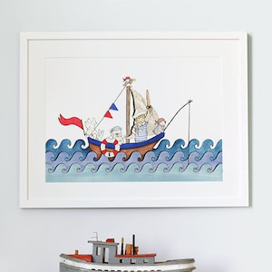Barco en el mar, Impresión de arte infantil UNFRAMED, Imagen personalizada para niños, Decoración de habitación náutica para niños, Ilustración del océano, Impresión de acuarela.