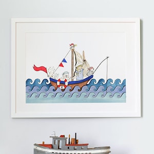 Boat at Sea, UNFRAMED Nursery Art Print, Personalised Kid's Picture, Children's Nautical room Decor, Ocean Illustration, Watercolour Print. image 1