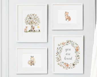 Set of 4 UNFRAMED Prints, A Woodland Tale, Unisex Nursery Art, Wreath, Pear Tree, Fox, Deer, Neutral Forest Art, Nursery Art, Woodland