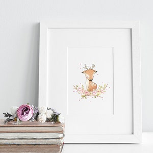 Floral Deer, UNFRAMED Children's Art, Soft Pink Print, Girl's Nursery, Kid's Bedroom Art, Pink Wall Art, Wreath Picture