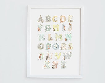 Impression alphabet, oeuvre d'art sans cadre, fantaisiste, photo d'enfant, affiche alphabet, unisexe pour enfants, thème boisé, décoration de chambre d'enfant,