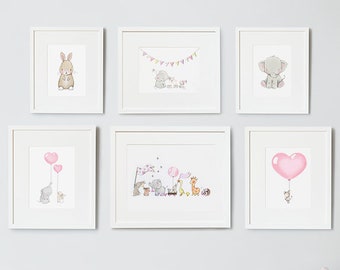 Set of 6 UNFRAMED Prints, Petal Set, Girl's Nursery Art, Bunny, Elephant and Mouse, Pink Bedroom Art, Nursery Art, Tea Party