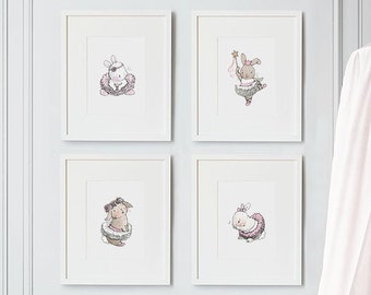 SET von 4 ungerahmten Ballerina-Häschen, Kaninchen, Ballett-Kunst, für Mädchen und im Kinderzimmer, rosa, moderne Kinderkunst, Häschen-Illustration
