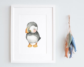 Baby Puffin, UNFRAMED New Born Art, Picture for baby, Neutral Modern, Unisex Nursery Art, Kid's Nautical Art, Sea Animal Print