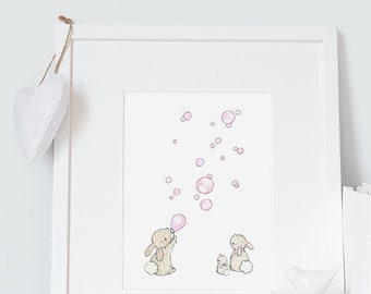 UNFRAMED Nursery Art, Baby Girl Bunny Picture, Rabbit Illustration, Drawing, Watercolour Print, Pastel Pink, Whimsical, Bubbles, Nursery Art