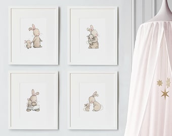 SET of 4 UNFRAMED Bunny Love Prints, Rabbit, Mother and Baby Unisex Nursery Art, Classic Theme, Modern Children's Art, Bunny Illustration