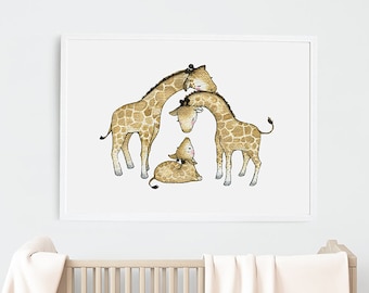 Large children's Art, UNFRAMED Big print for Kids, Extra large picture, Safari theme room, nursery decor, giraffe poster, kid's illustration