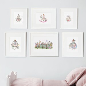 Set of 6 UNFRAMED Prints, Enchanted Tale Set, Girl's Nursery Art, Mouse, Tea Party, Pink Bedroom Art, Nursery Art, Elephant, Princess Decor