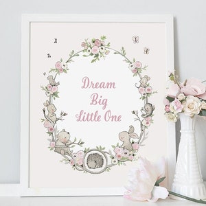 May include: A framed print with a floral wreath design featuring a pink and white color scheme. The wreath is adorned with small animals and the text "Dream Big Little One" in pink lettering.