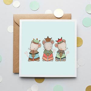 Trois souris sages, carte de Noël, salutations de saisons, Noël fantaisiste, souris festives, carte de vœux, parfait pour les enfants ou les adultes ce Noël